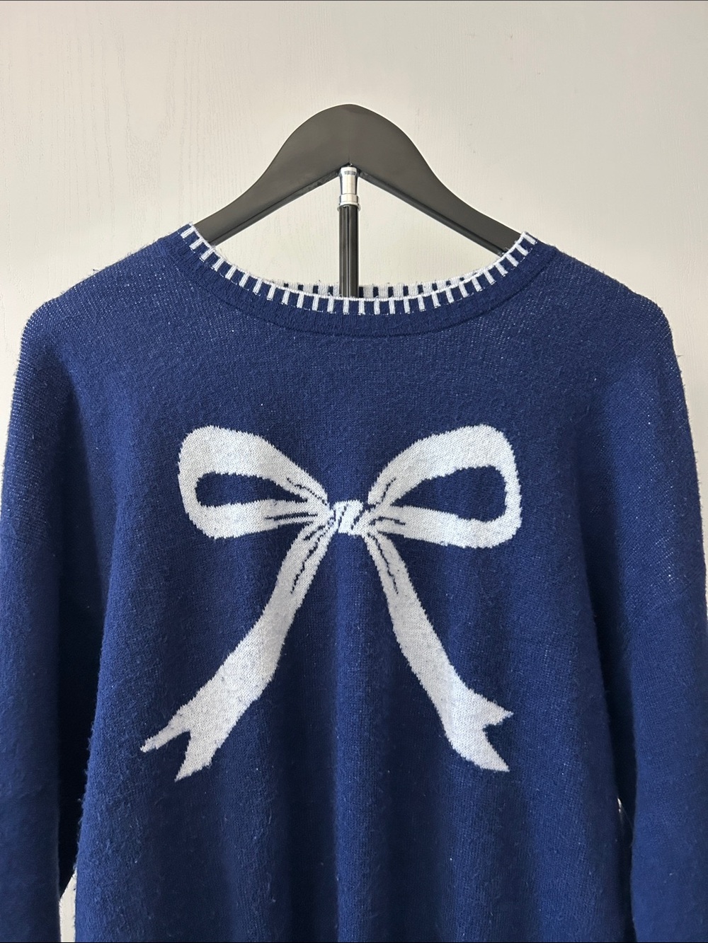 Navy Bow Accent Crewneck Sweater Coquette